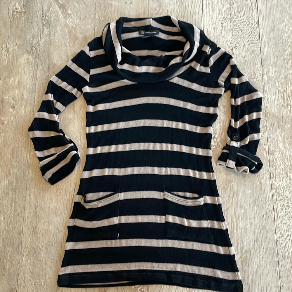 INC Stripe Cowl Neck Sweater Top Legging Tunic Black Tan S